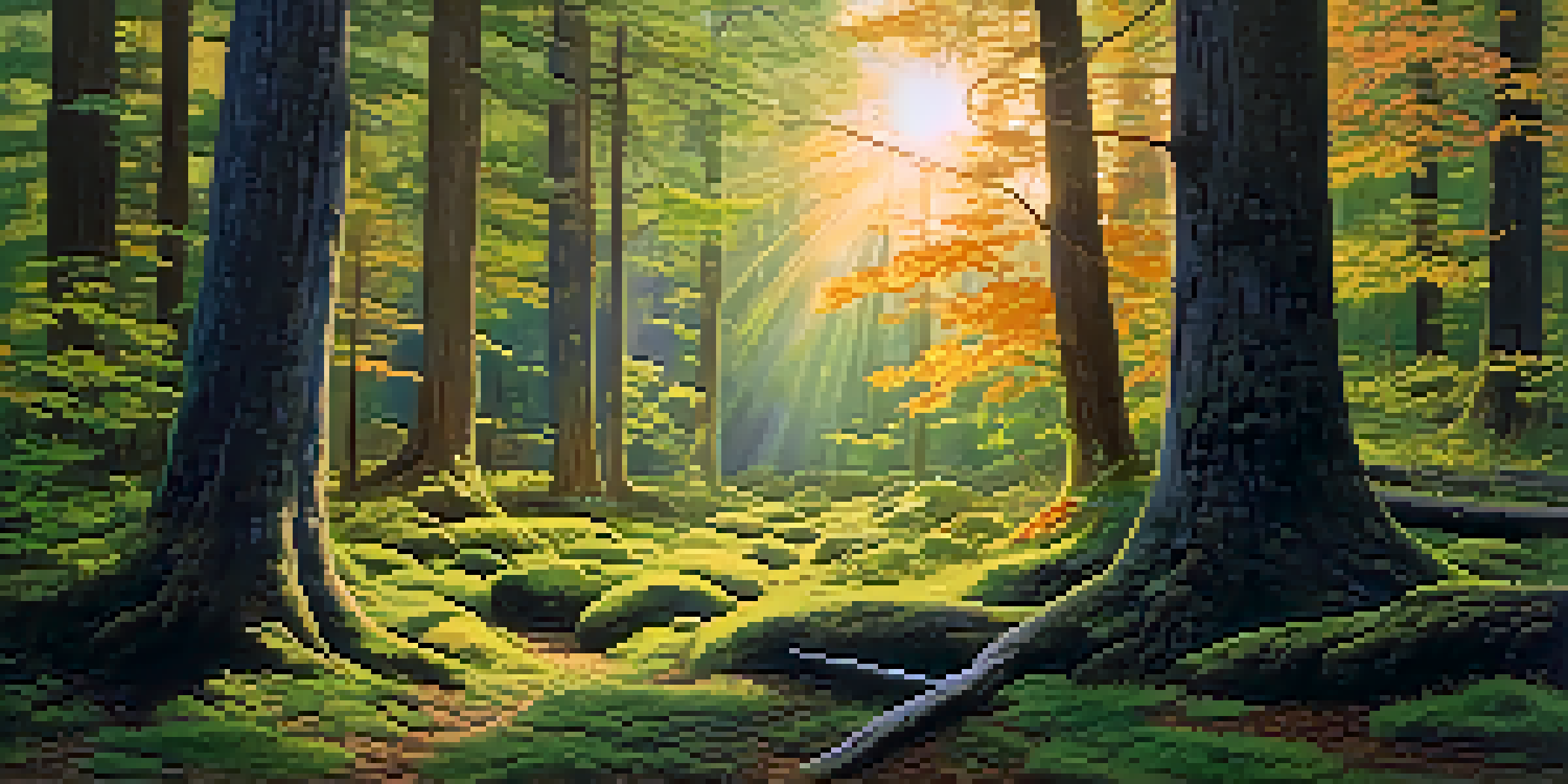 A tranquil forest scene with sunlight filtering through leaves and wildflowers blooming on the ground.