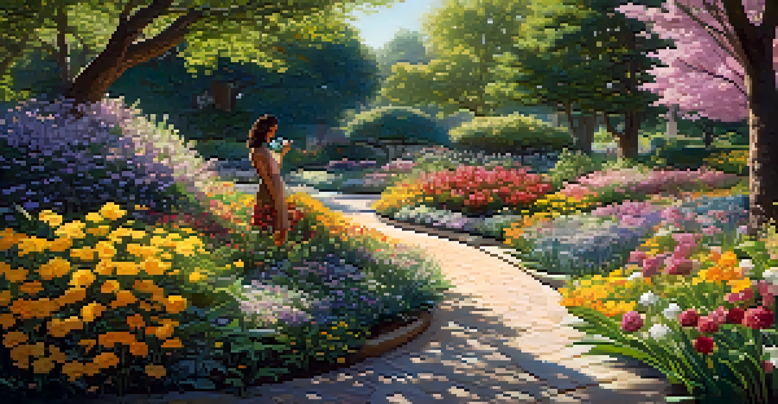 A vibrant garden with blooming flowers and a person tending to them along a winding path.