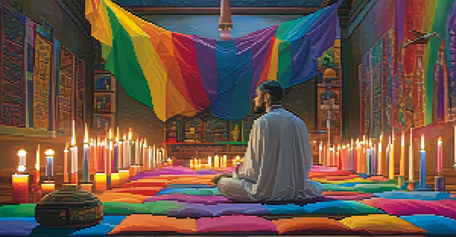 An LGBTQ+ individual meditating in a softly lit room filled with candles and rainbow decorations, exuding tranquility and self-acceptance.