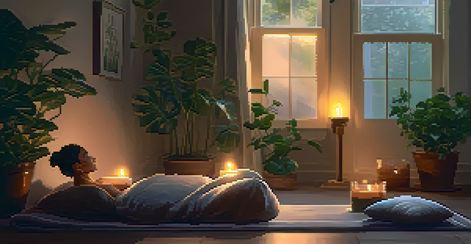 A person meditating indoors surrounded by plants and candles, creating a calming atmosphere.