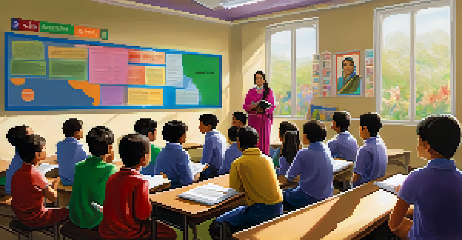 A classroom with a teacher discussing interfaith understanding to a diverse group of attentive students.