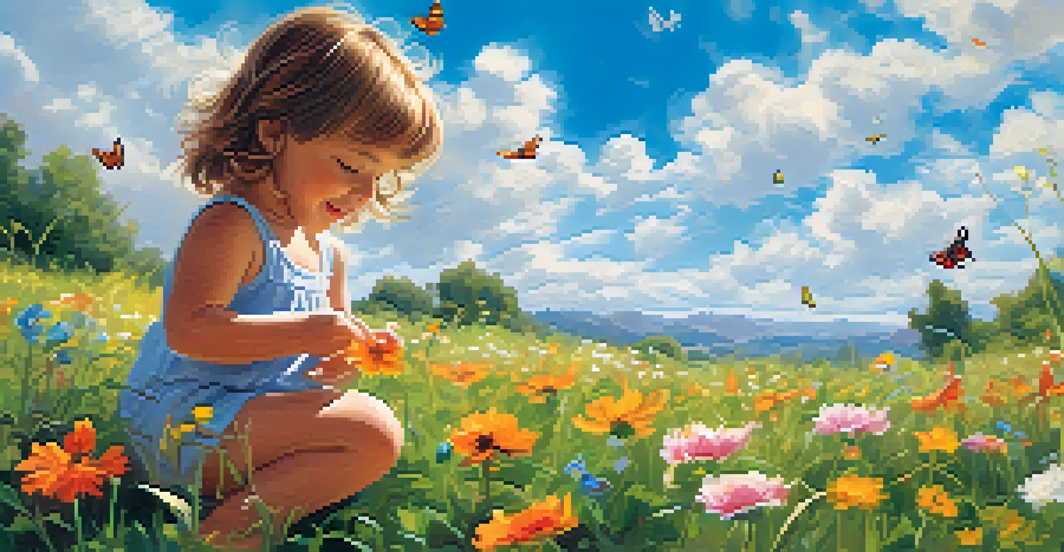 A child happily exploring a colorful flower meadow, surrounded by butterflies and bright blue skies, embodying joy and curiosity in nature.
