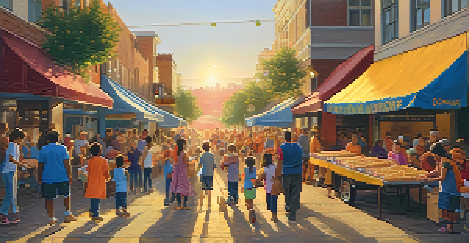 Volunteers distributing food to families in a lively street scene during sunset, with children playing nearby.