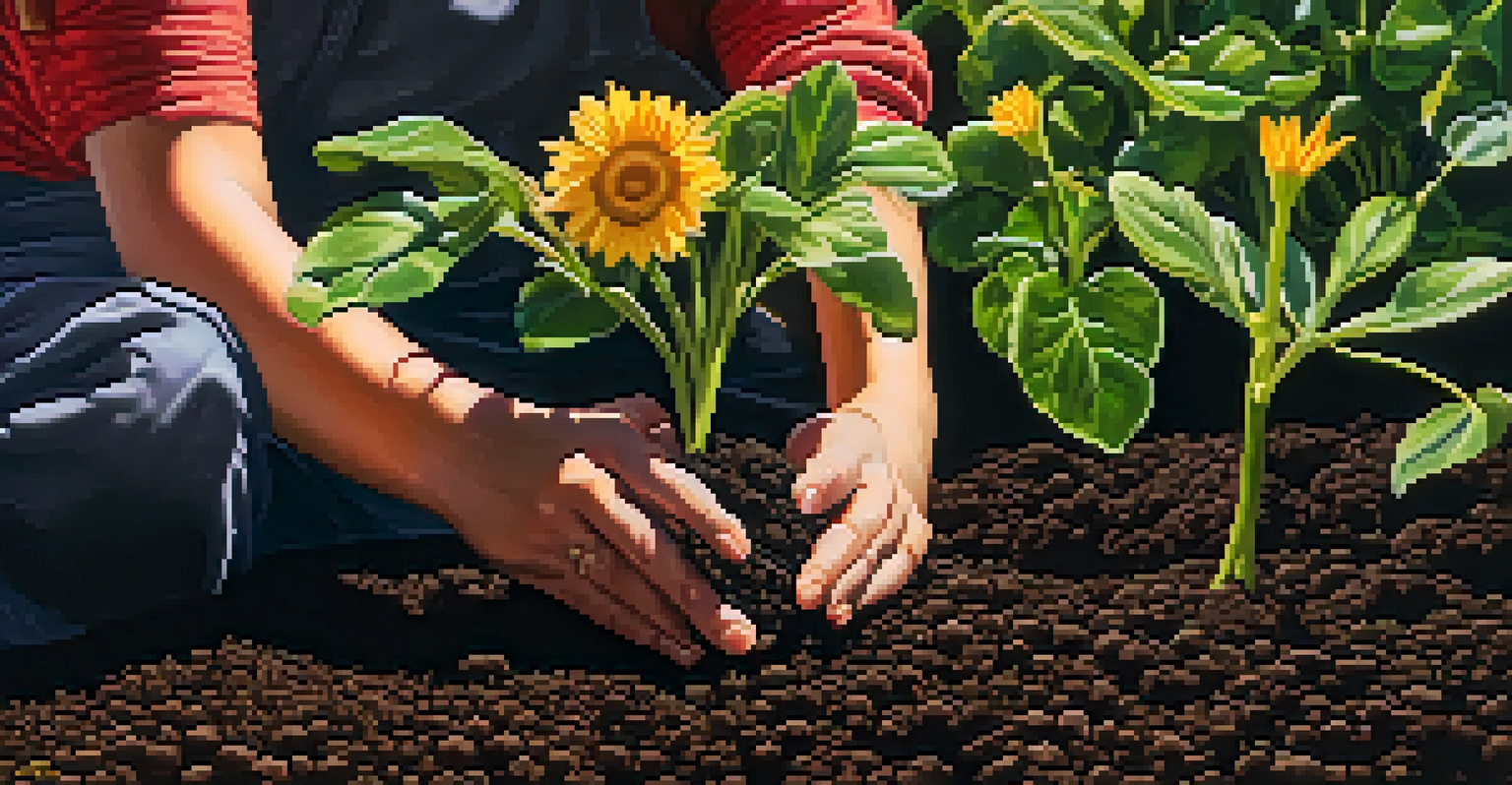 Hands planting seeds in soil with green shoots and a colorful garden in the background.