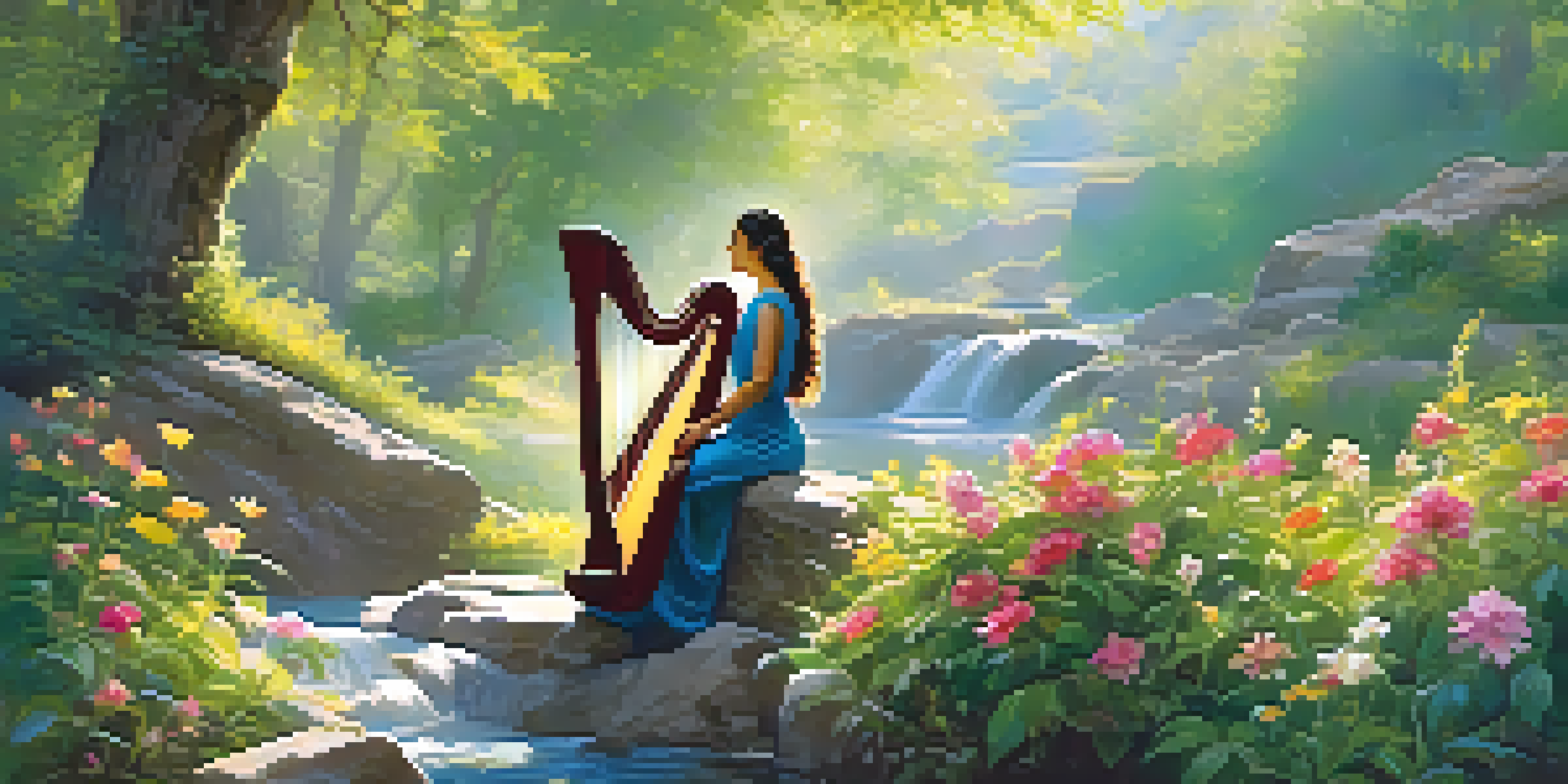 A musician playing a harp in a peaceful forest with sunlight filtering through trees and colorful flowers.