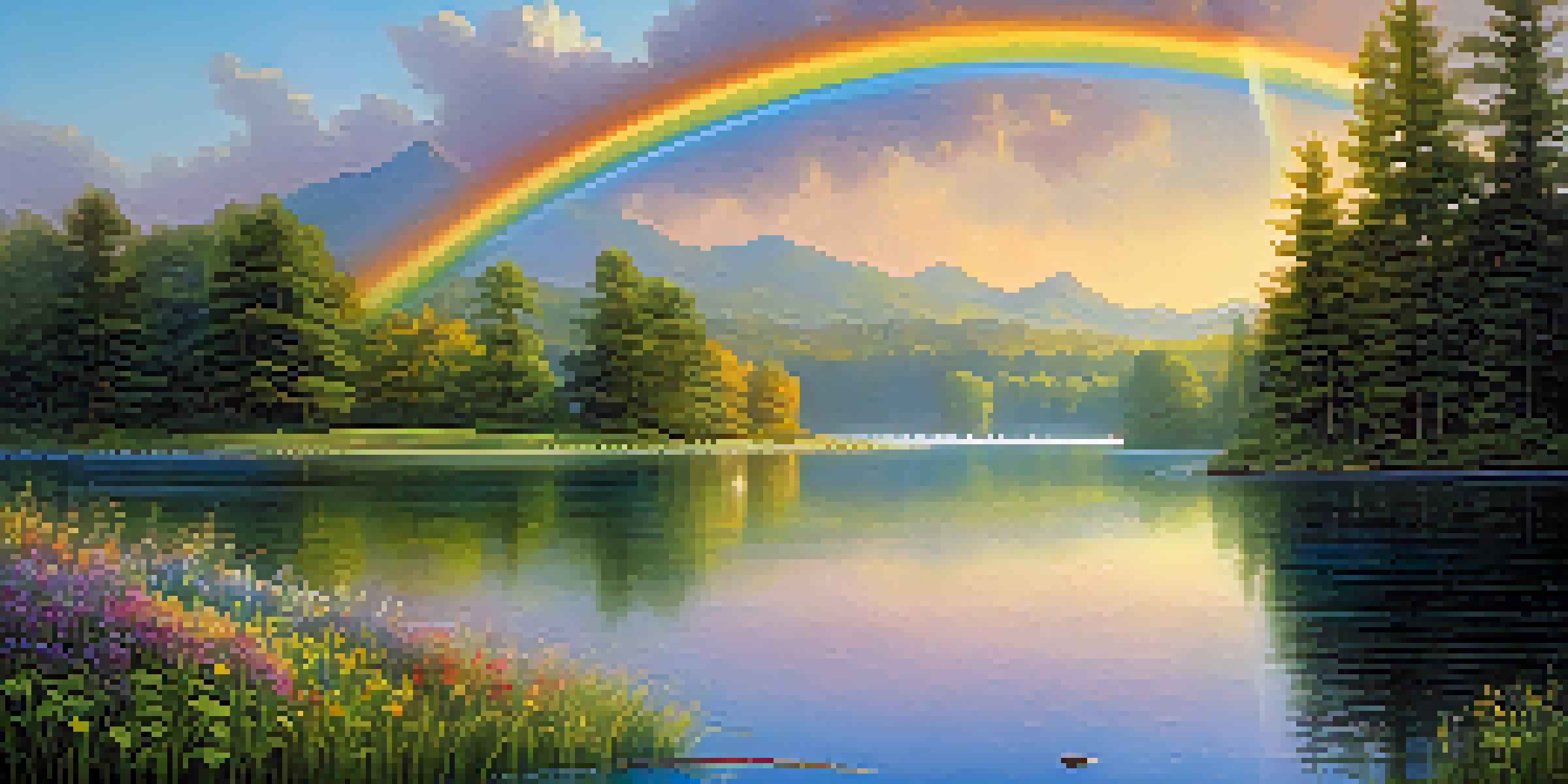 A peaceful landscape with a rainbow over a calm lake and colorful wildflowers.