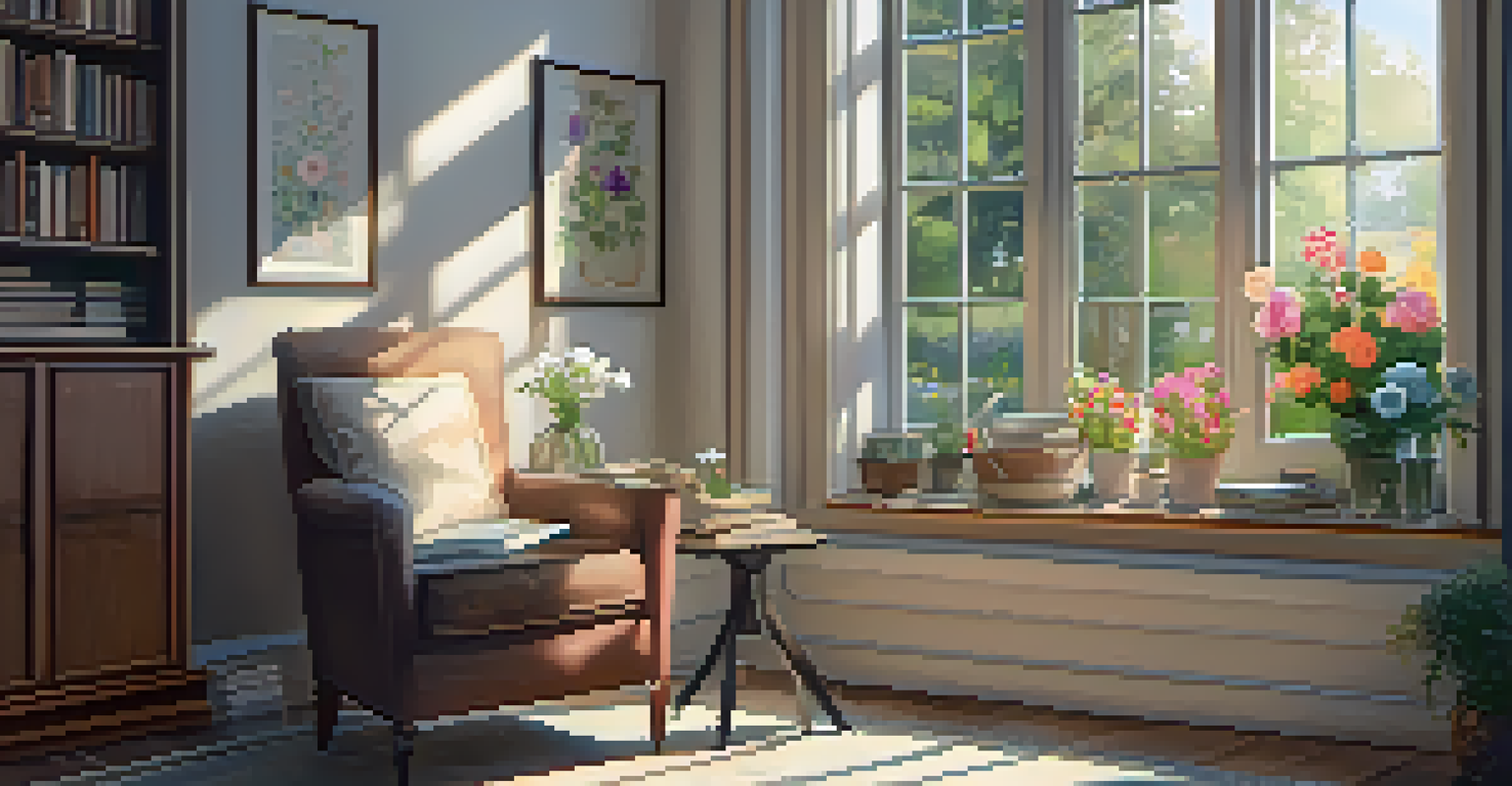 A cozy reading nook with a garden view, featuring a comfortable armchair, a journal, and warm sunlight.