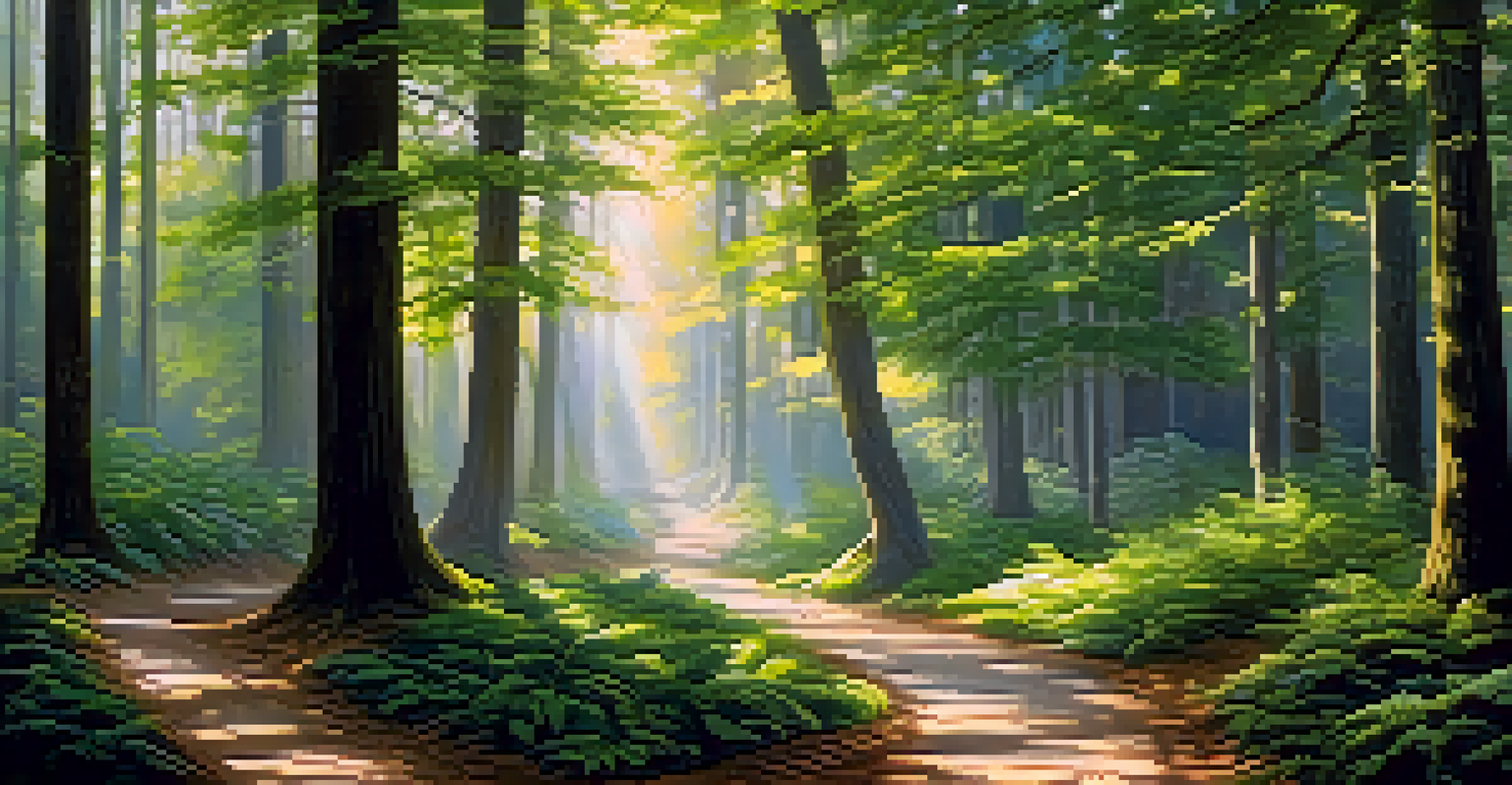 A winding forest path with sunlit trees and philosophical signposts, inviting reflection and exploration.