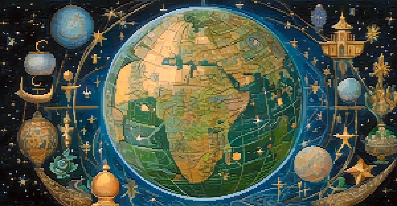 A globe with symbols of different religions around it, set against a starry background, representing global interfaith unity.