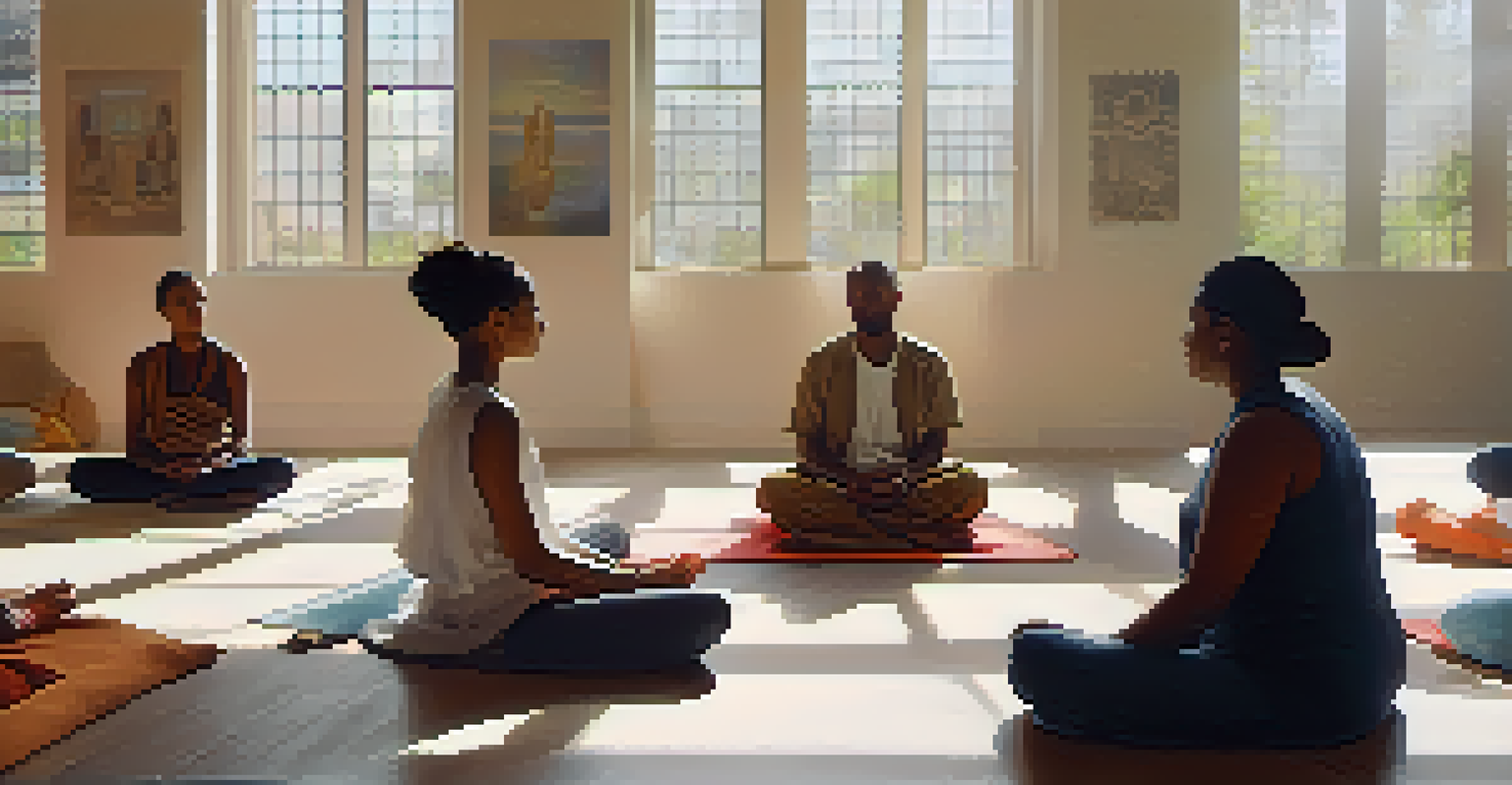 A diverse group of people meditating in a circle in a bright room, showcasing a sense of calm and unity.