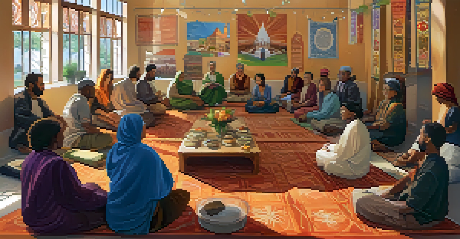 A diverse group of people seated in a community center, engaged in conversations, with colorful banners and symbols of different faiths around them.