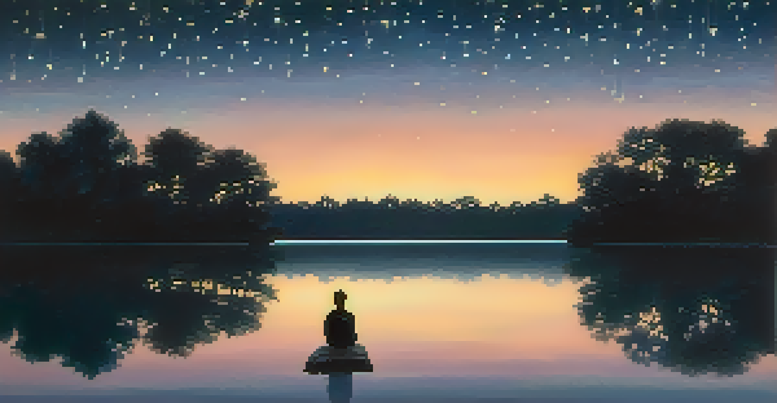 A still pond reflecting a starry sky, with a person kneeling at the edge in contemplation, surrounded by soft glowing lanterns.