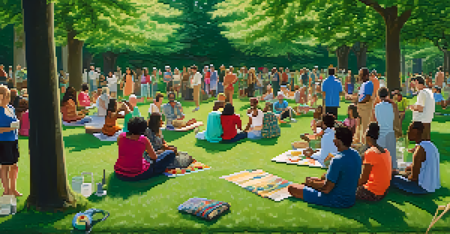 A diverse group of people gathered in a park, engaging in conversation and sharing ideas in a lush, green environment.