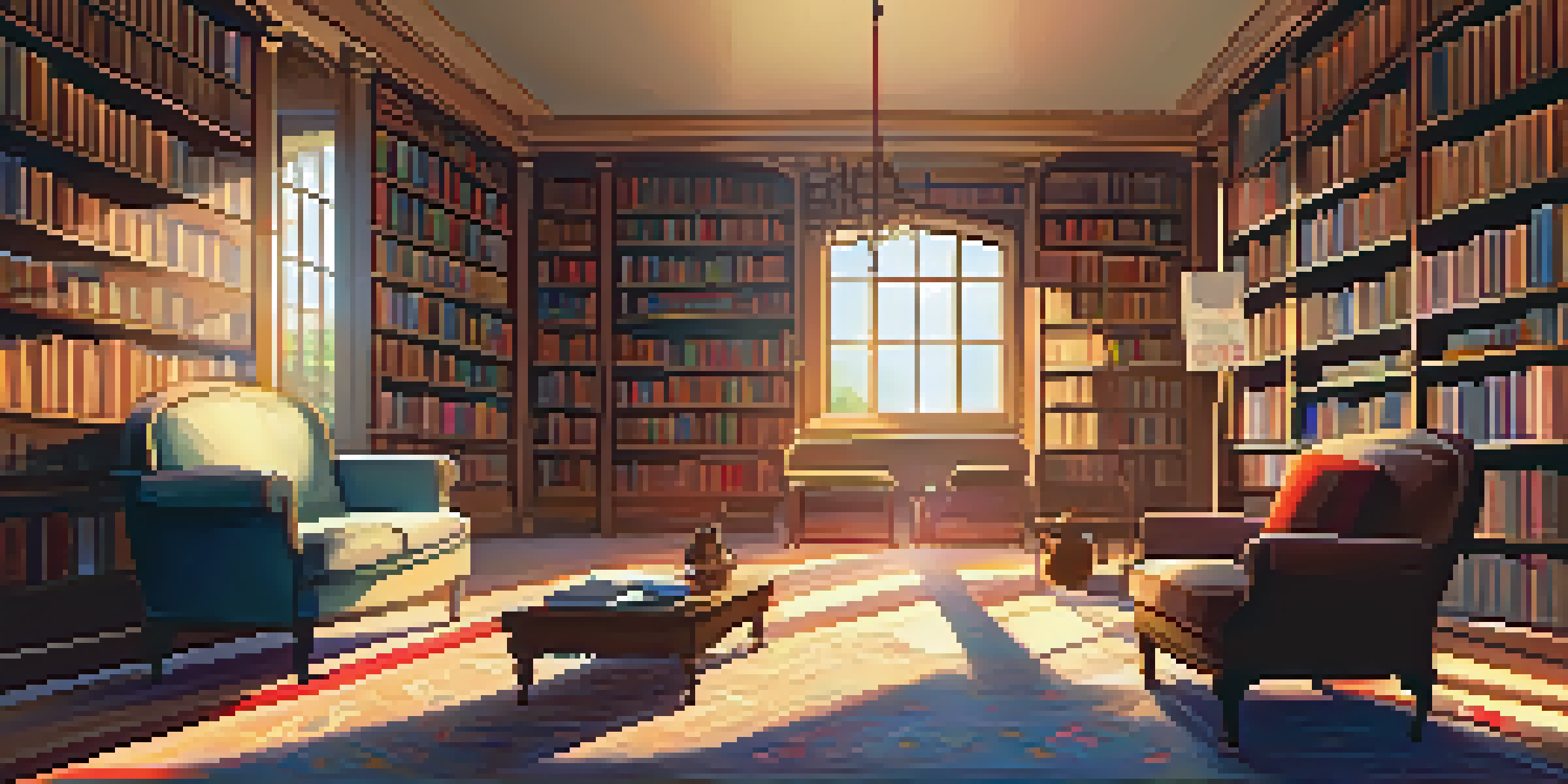 A cozy library with warm lighting, colorful bookshelves, a reading nook, and a cup of tea on a table next to an open book.