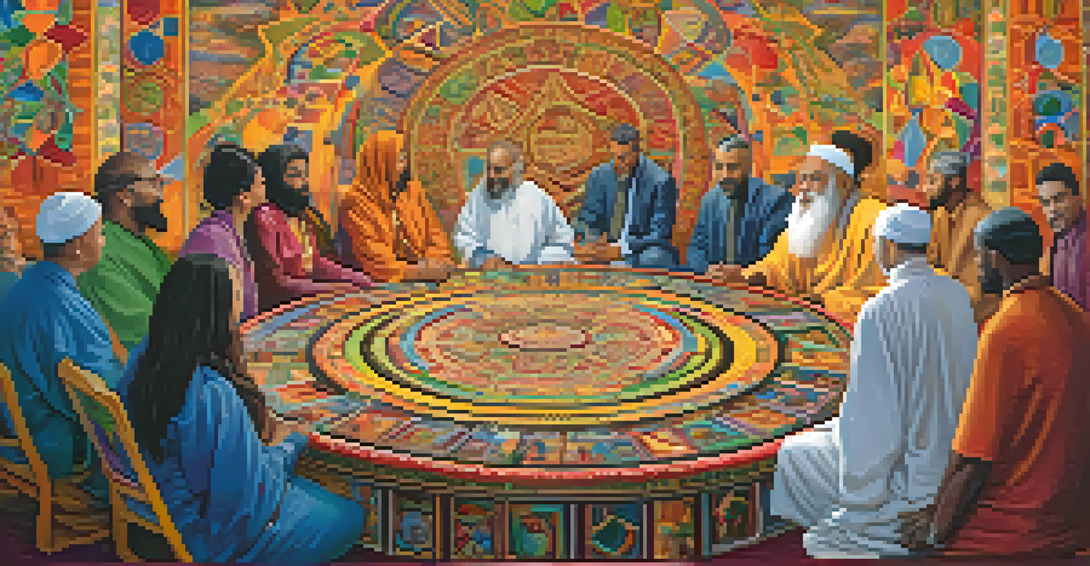A diverse group of people engaged in an interfaith dialogue, surrounded by cultural symbols and a colorful mural.
