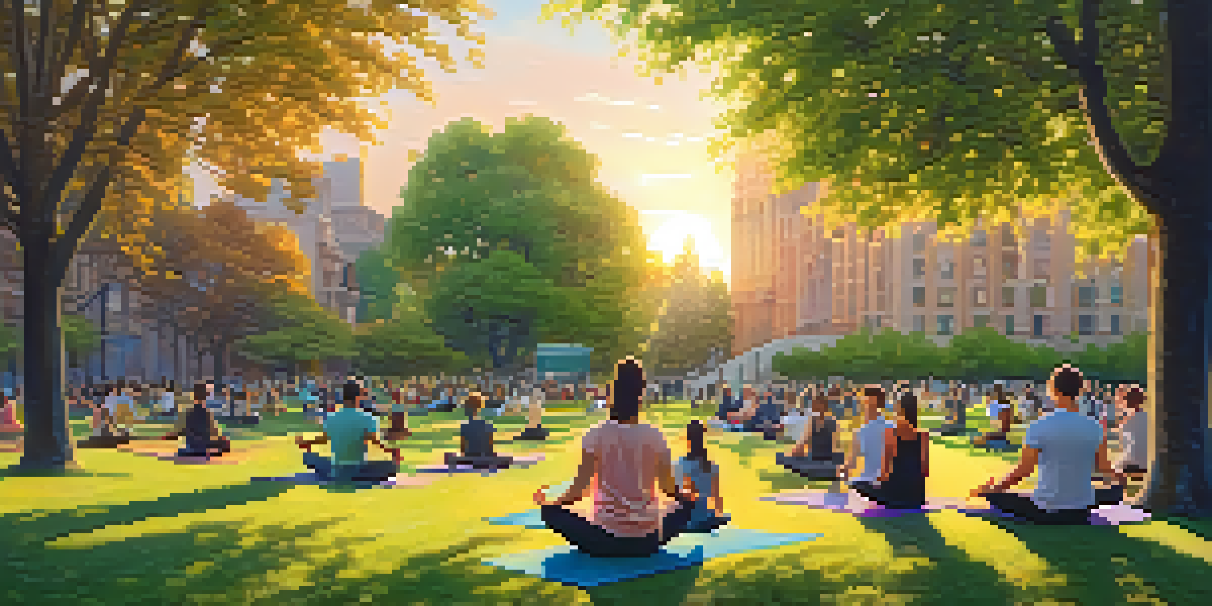 A peaceful urban park during sunset where individuals are meditating and practicing yoga among lush greenery and colorful flowers.