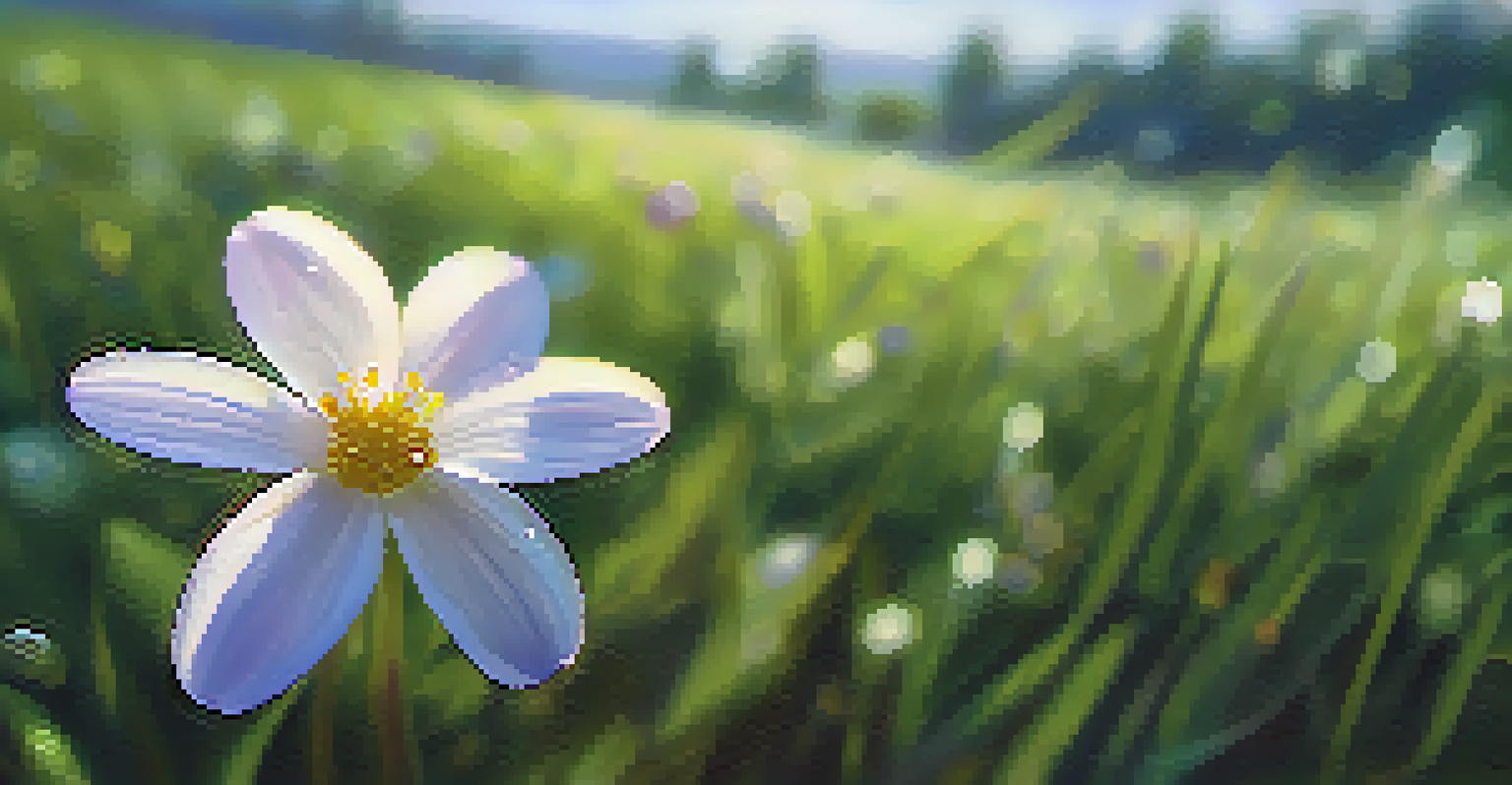 A close-up of a dew-covered flower with vibrant petals in a green meadow, softly illuminated by morning light.