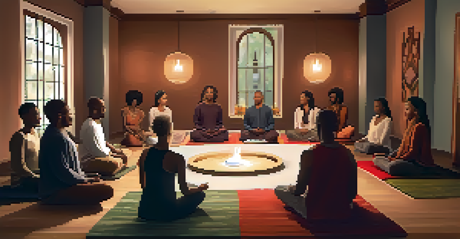 A group of people meditating together in a warm, candle-lit room.