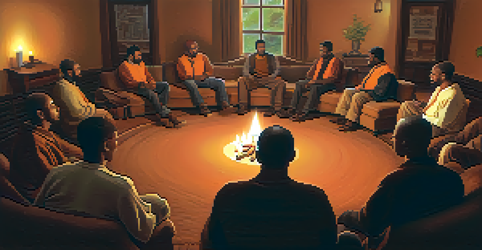 A group of men sitting in a circle on cushions, sharing stories in a warmly lit room with flickering candles.