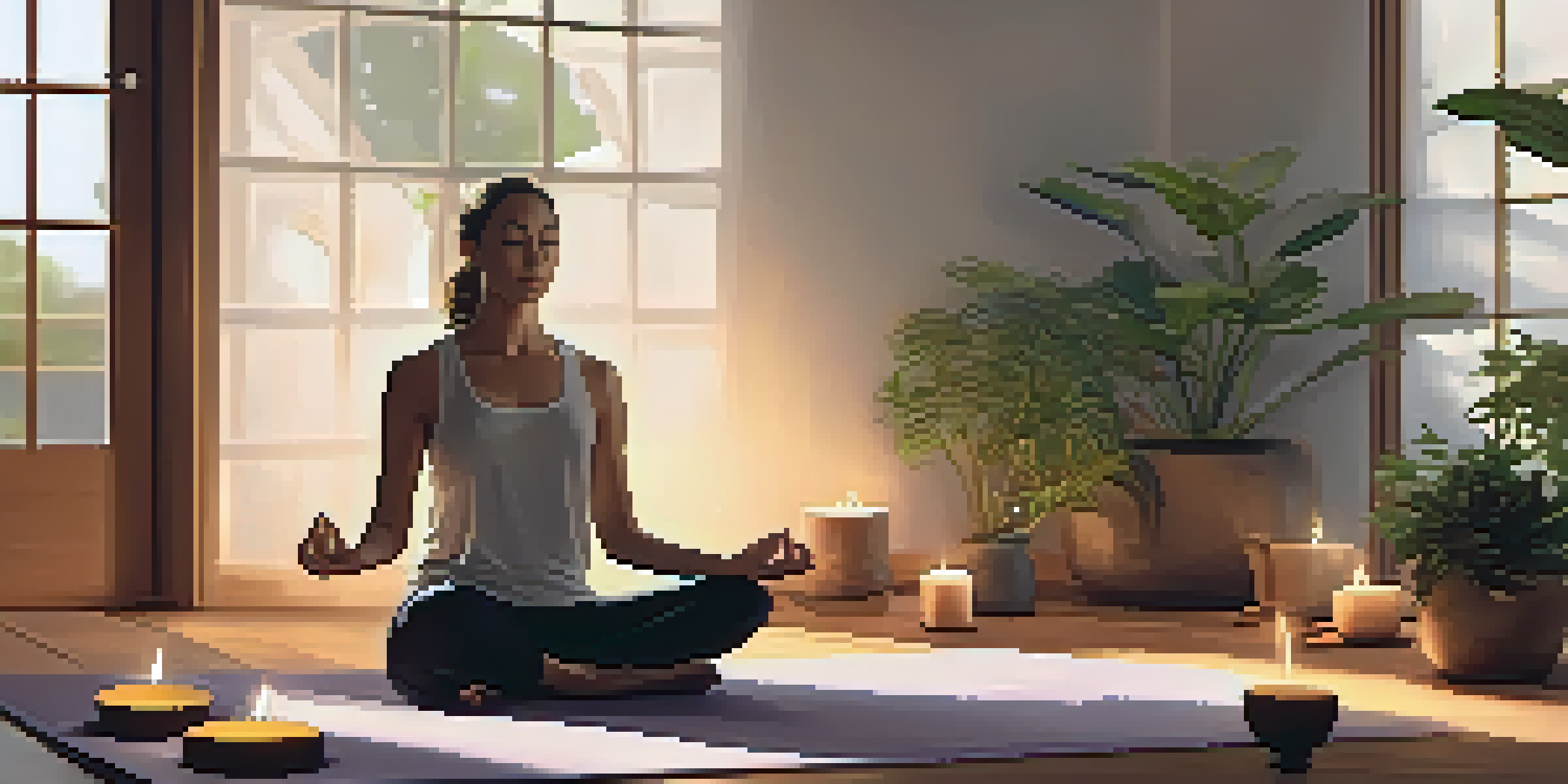 A calm indoor meditation space with a person lying on a yoga mat, surrounded by soft lighting and candles.