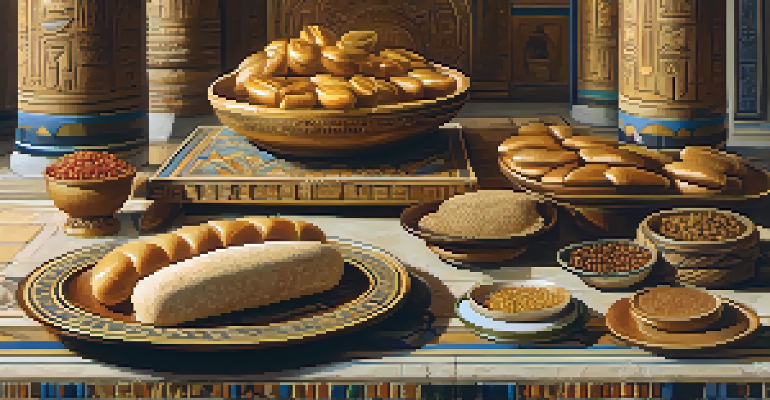 A plate of symbolic ancient Egyptian foods like bread and dates, arranged artistically on a temple altar, illuminated dramatically to highlight their sacredness.