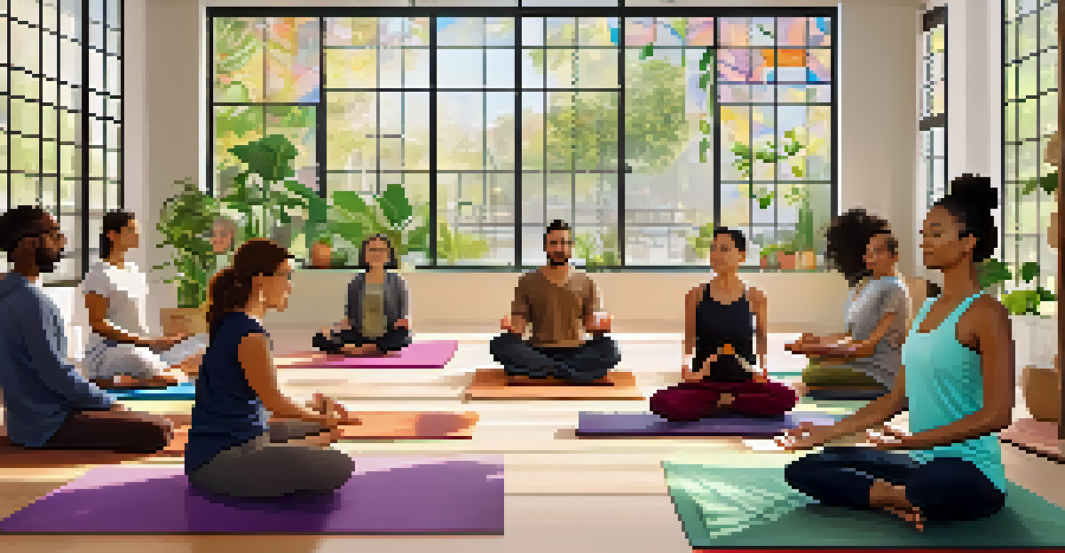 A diverse group of people gathered for a mindfulness workshop, engaging in yoga and discussions in a brightly lit room.