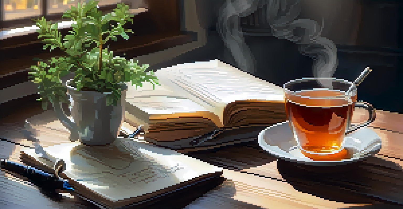 An open journal with handwritten intentions and a cup of herbal tea on a wooden table.