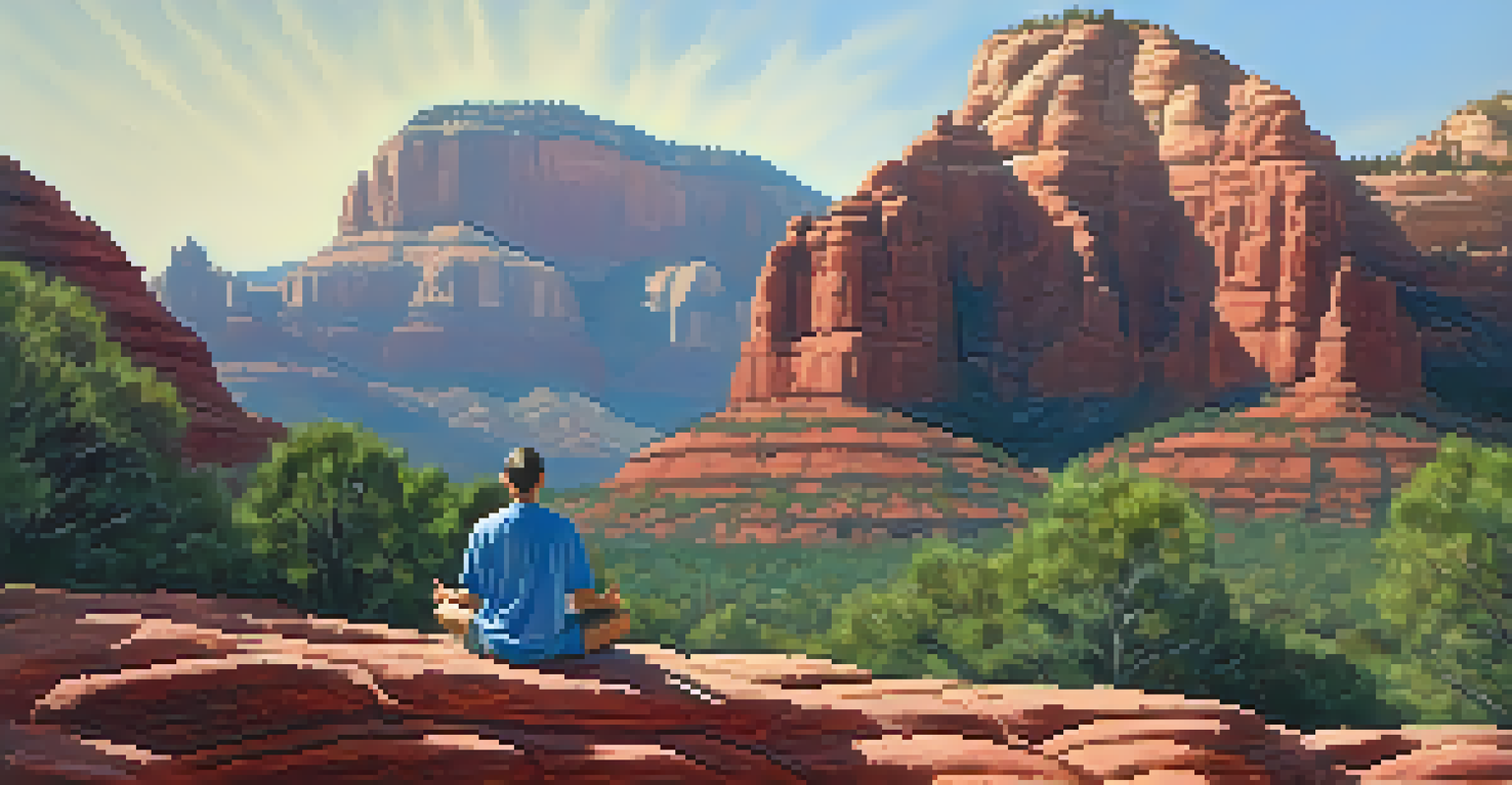 An individual meditating at the foot of a mountain in Sedona, surrounded by red rock formations and a clear sky.