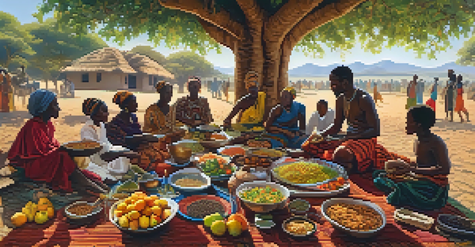 A communal feast scene with people sharing traditional African dishes under a large tree, showcasing colorful textiles and various foods.
