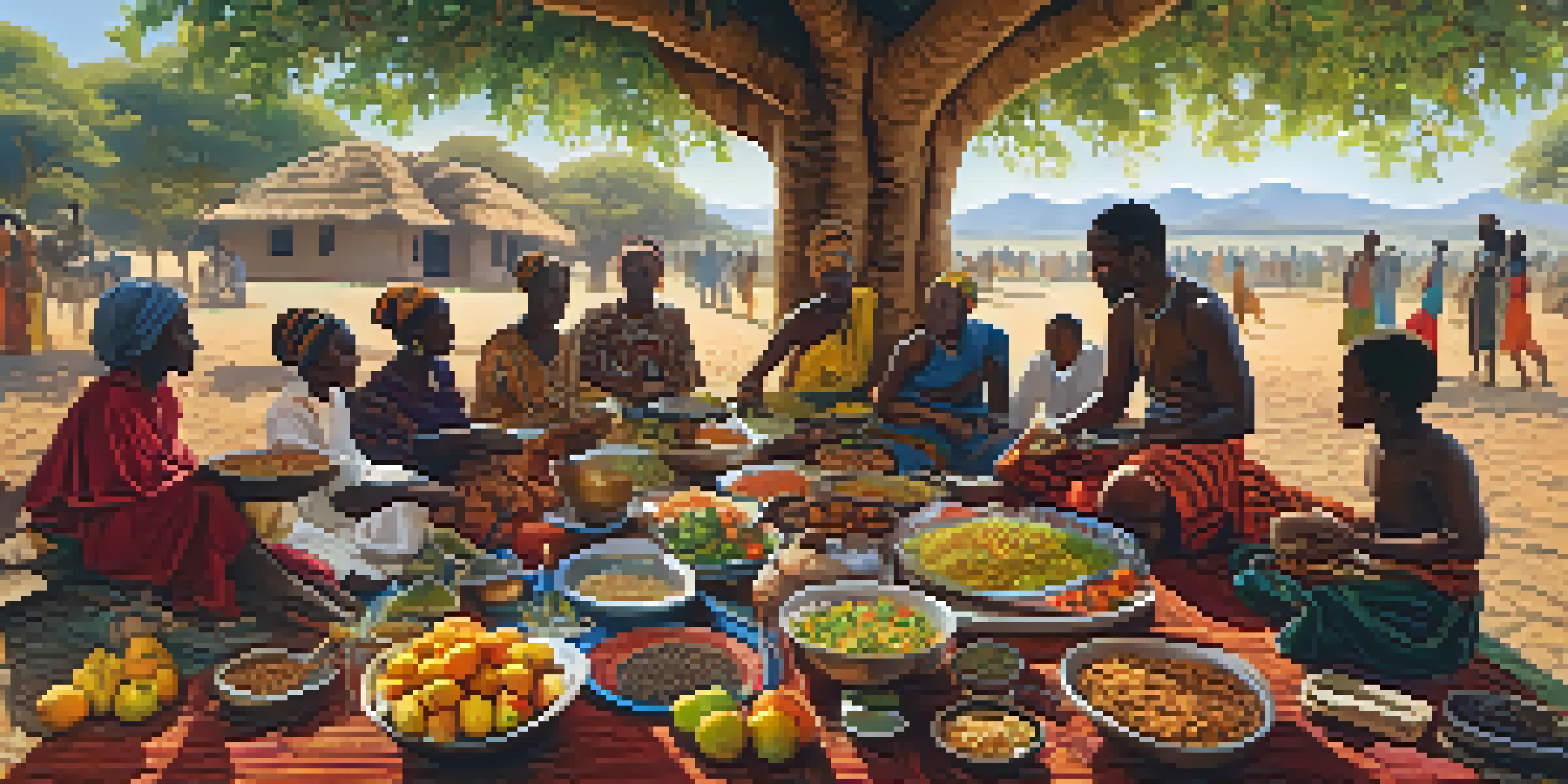 A communal feast scene with people sharing traditional African dishes under a large tree, showcasing colorful textiles and various foods.