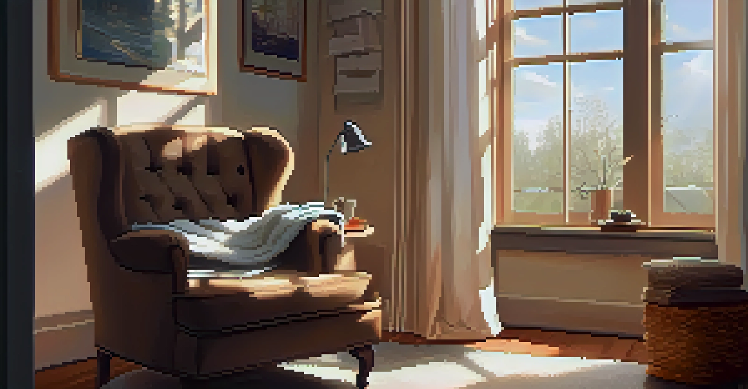 A comfortable reading nook with an armchair, bookshelf, and a cup of tea, bathed in warm sunlight.