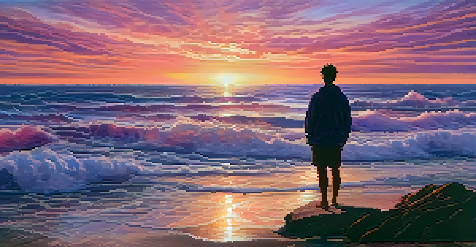 A stunning sunset over the ocean with a person standing on the beach, arms raised in a silhouette against the colorful sky.