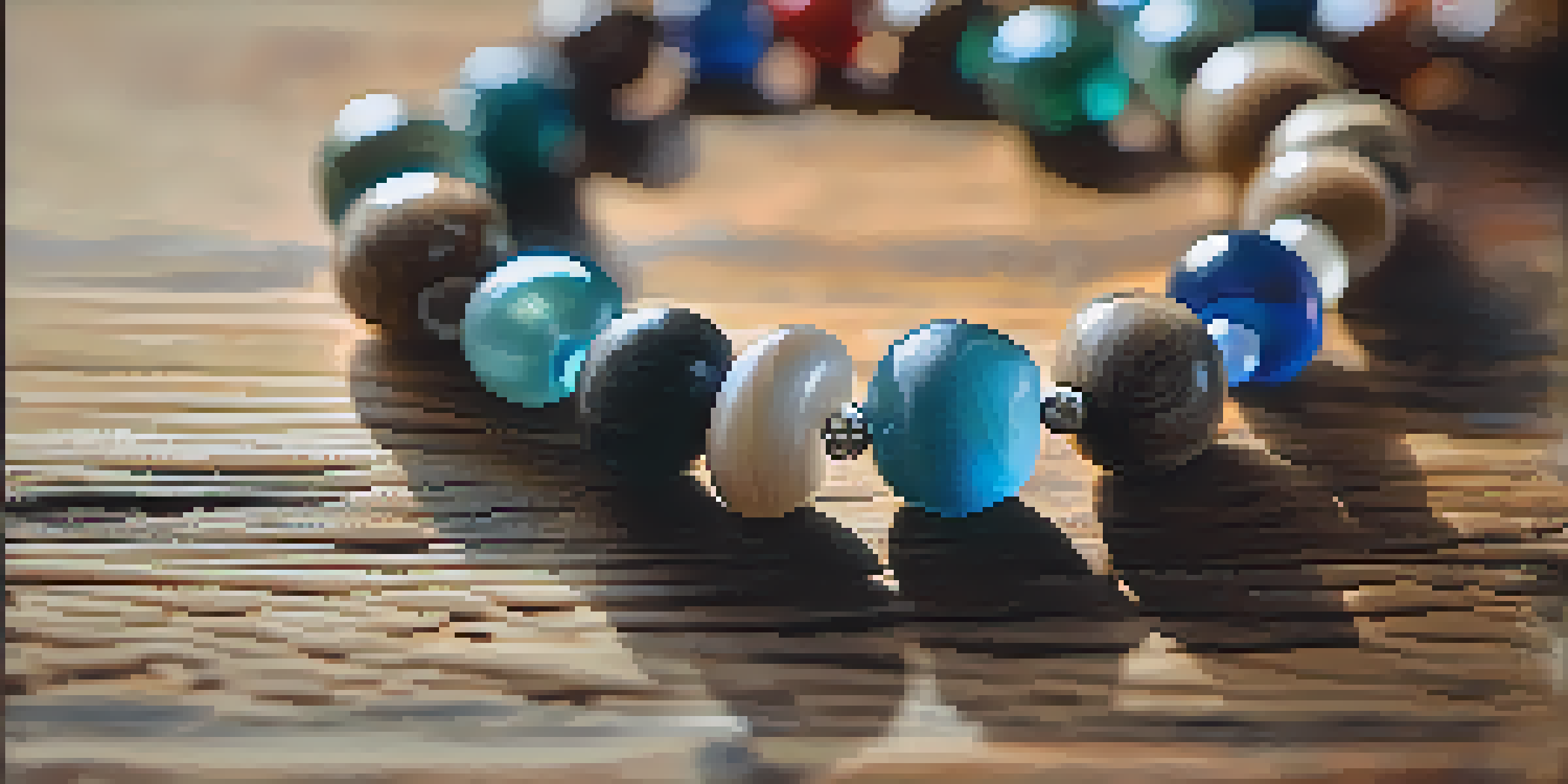 A close-up of a prayer bead necklace made of natural materials on a wooden surface.