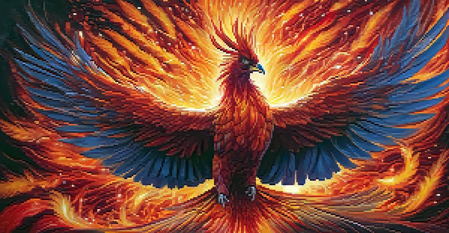 A colorful Phoenix flying amidst flames, representing rebirth and transformation against a dark background.