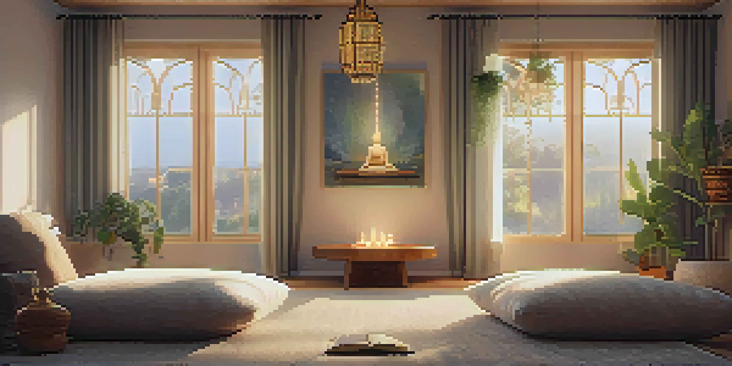 A cozy meditation space with soft lighting, a floor cushion, candles, and crystals, designed for reflection and mindfulness.