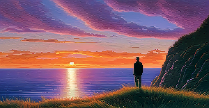 A person standing on a cliff, looking at a colorful sunset over the ocean, with vibrant colors in the sky.