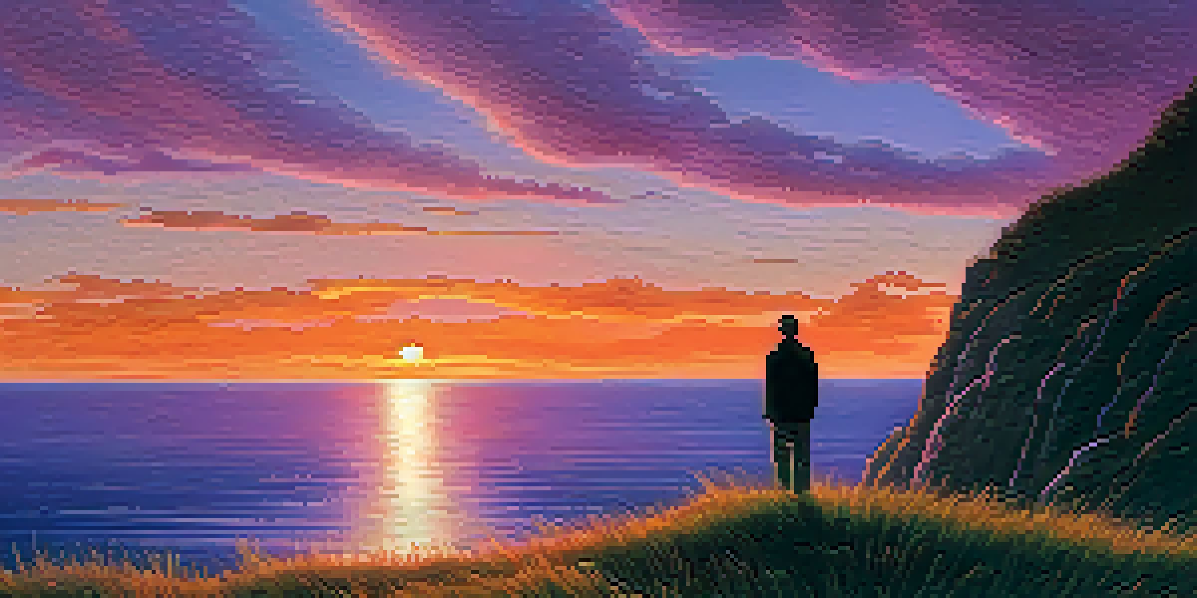 A person standing on a cliff, looking at a colorful sunset over the ocean, with vibrant colors in the sky.