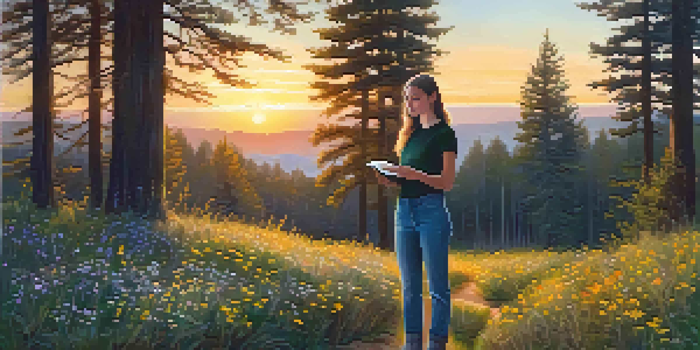 A young person standing at the edge of a forest during sunset, holding a journal, surrounded by wildflowers and warm light.