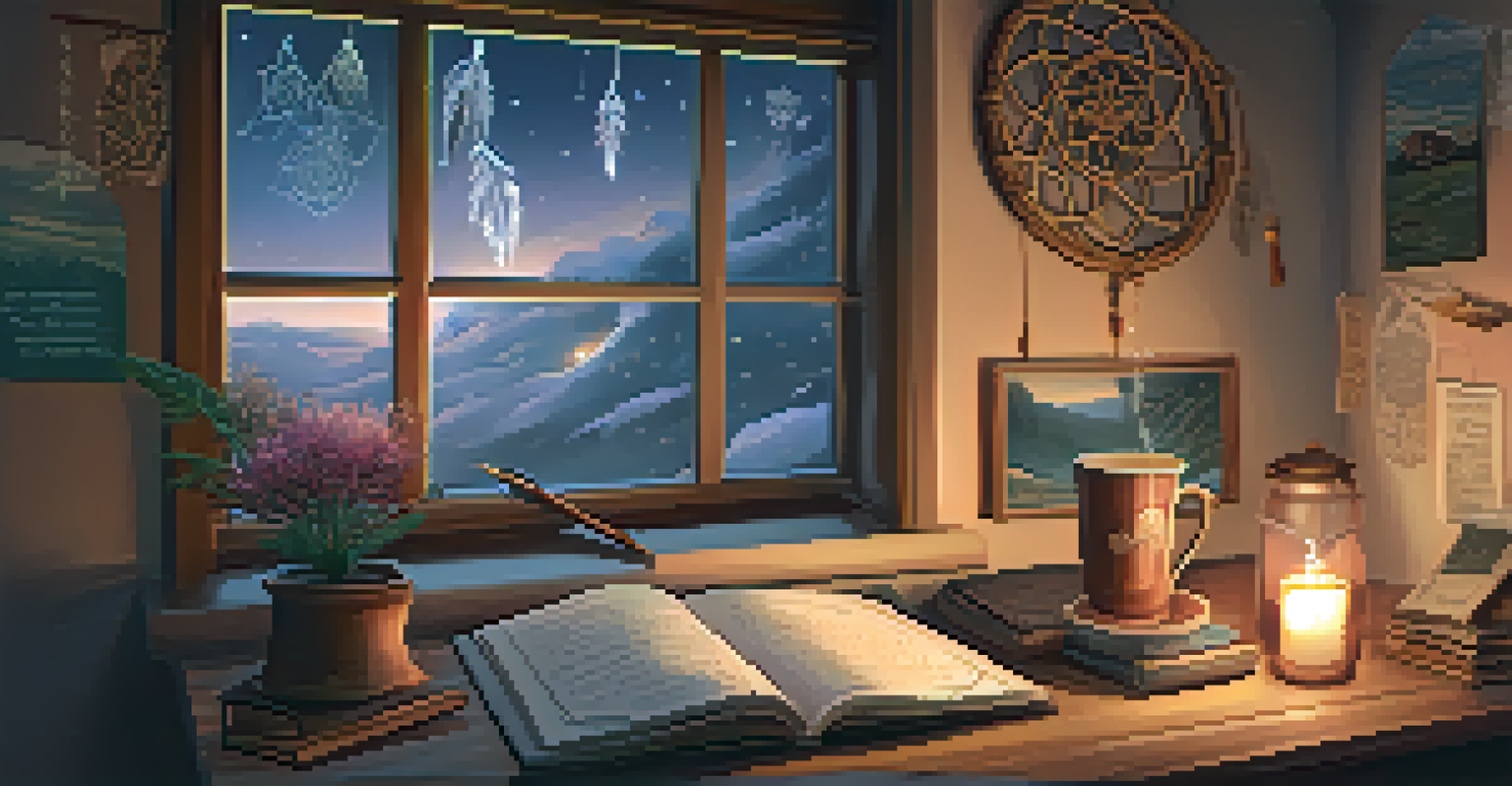 A cozy room with a person writing in a dream journal, decorated with dreamcatchers and a starlit window view.