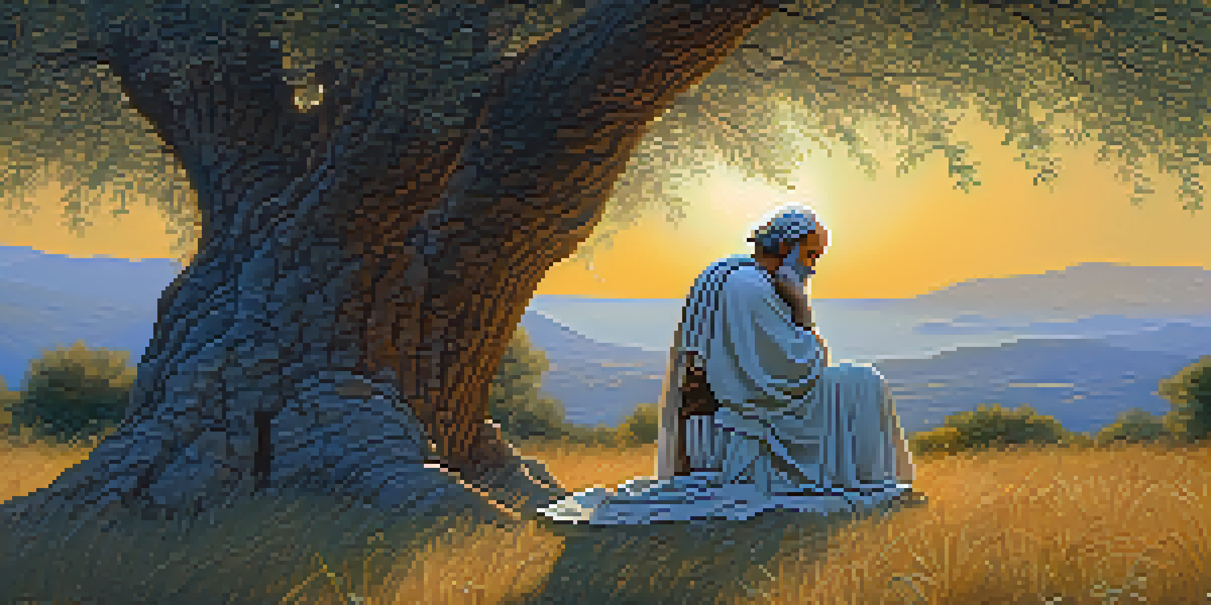 A Greek philosopher, Socrates, sitting under an olive tree during sunset, surrounded by grass and wildflowers.