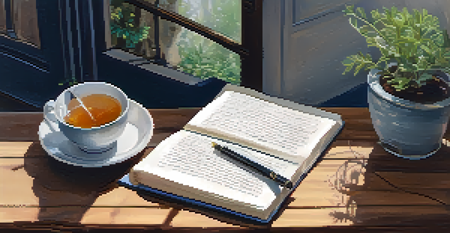 An open journal with handwritten notes about intuition, a fountain pen, a cup of tea, and a small plant on a rustic table.