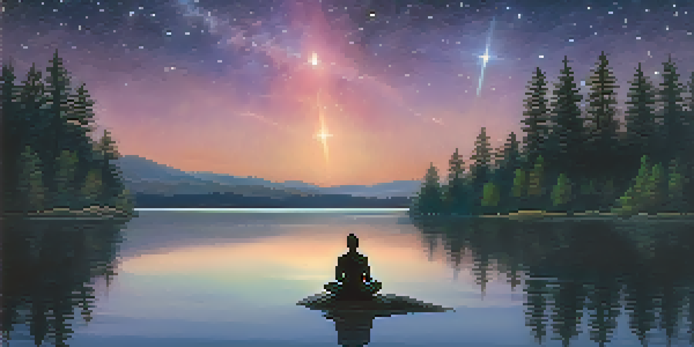 A peaceful scene with a person meditating by a lake under a starry sky, reflecting the beauty of nature and the cosmos.