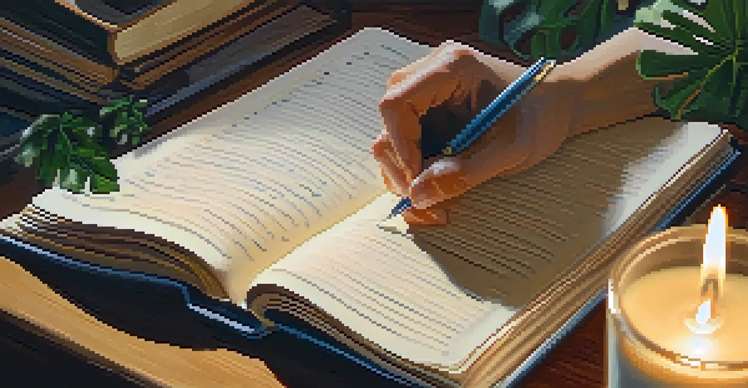 Close-up of hands writing in a journal, with a lit candle and a small plant in the cozy background.