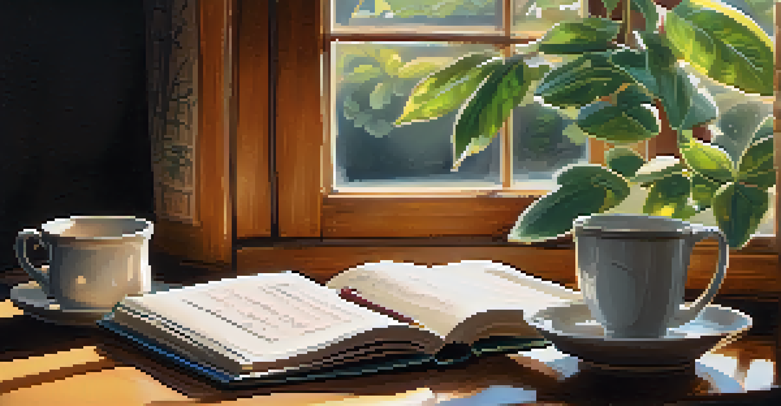 A close-up of an open journal with handwritten notes and a cup of tea beside it, illuminated by natural light in a cozy environment.