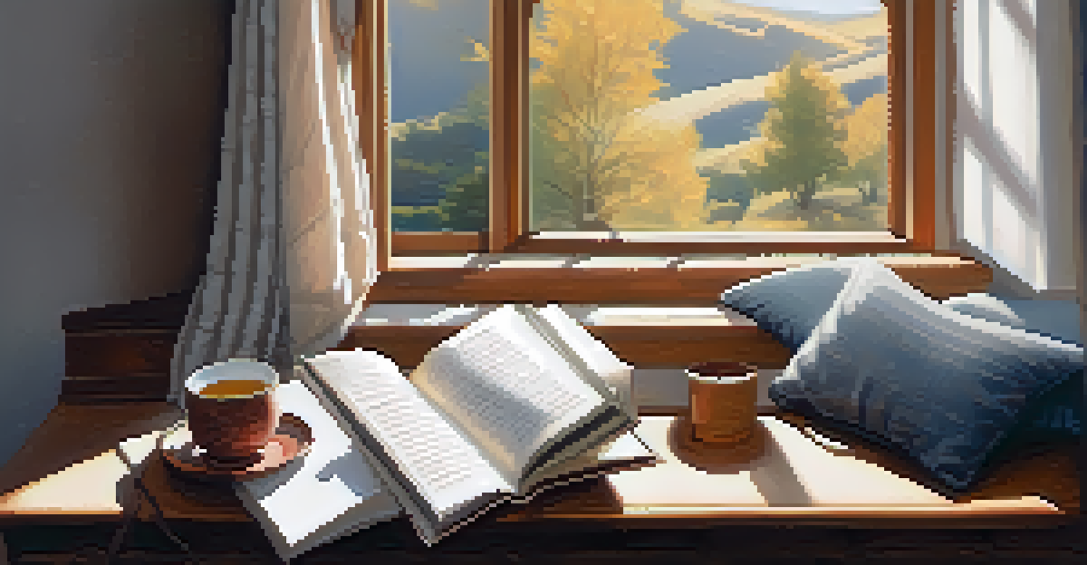 A cozy room corner with sunlight, a candle, a gratitude journal, and a cup of tea, creating a warm and inviting atmosphere.