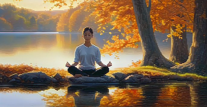 A person meditating by a lake at sunrise, surrounded by colorful autumn trees.