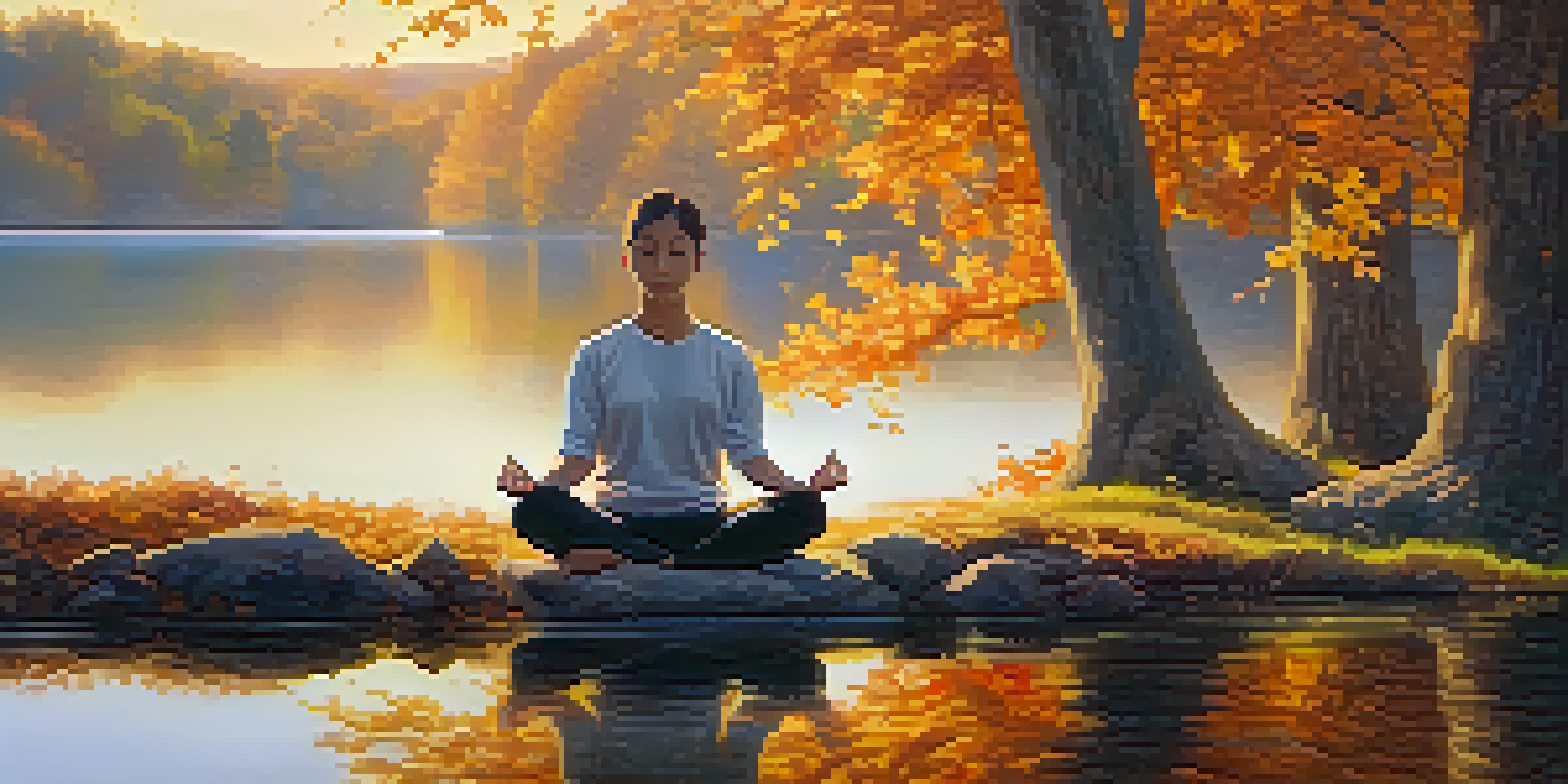 A person meditating by a lake at sunrise, surrounded by colorful autumn trees.