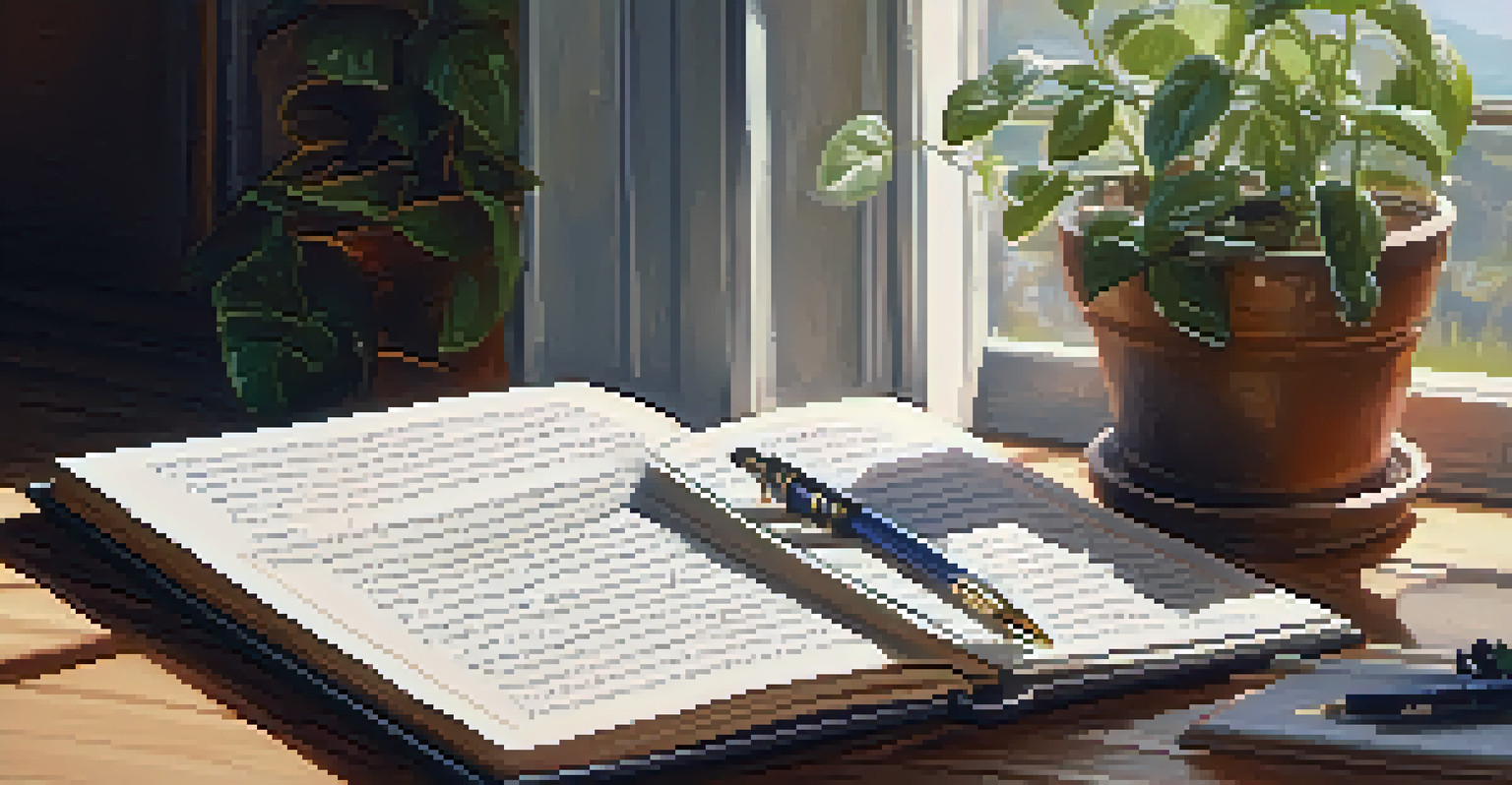 An open journal on a wooden table with a pen, illuminated by soft natural light, with handwritten notes and a small potted plant.