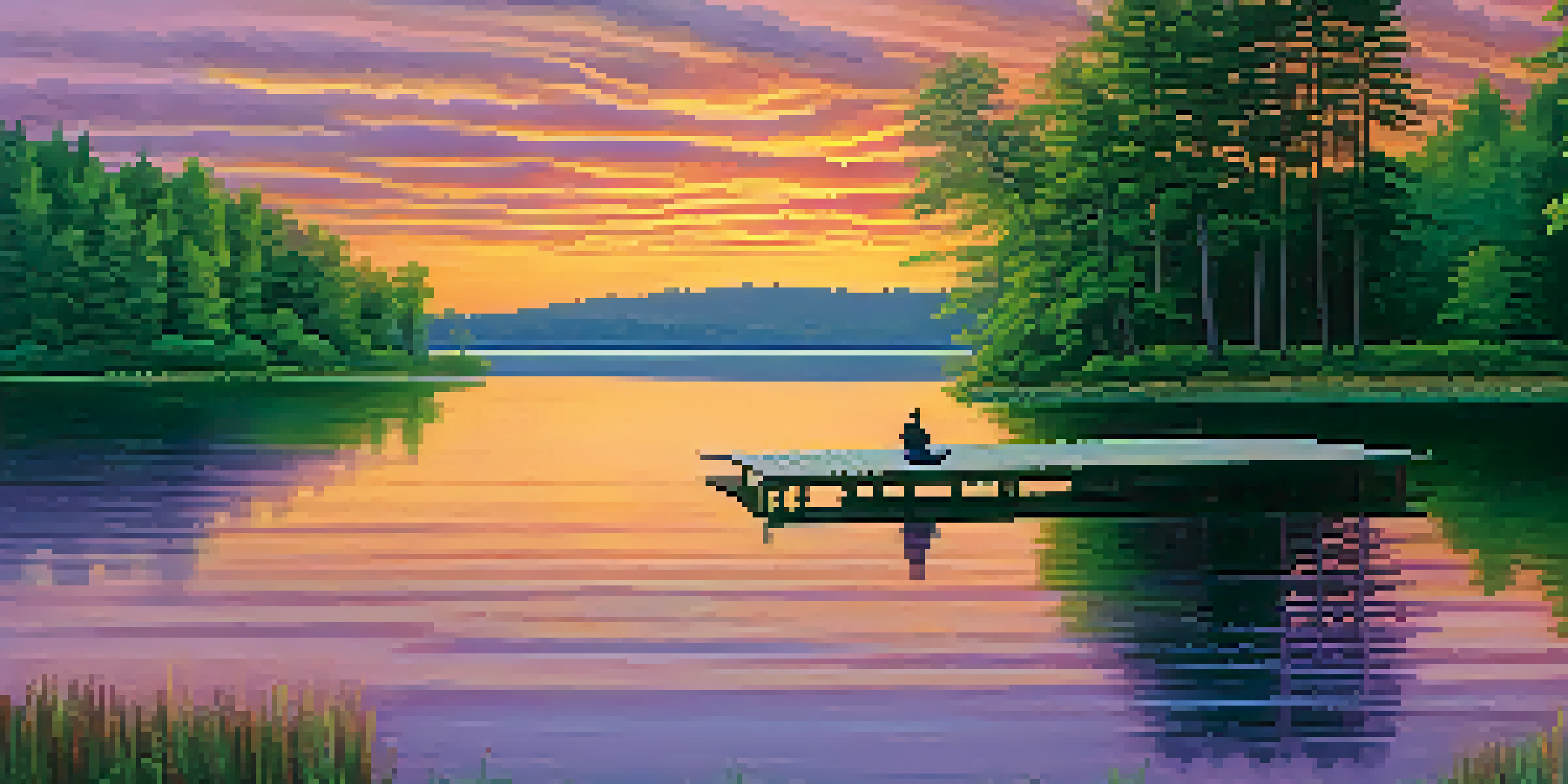 A tranquil sunset over a lake, with a person meditating on a dock surrounded by trees.