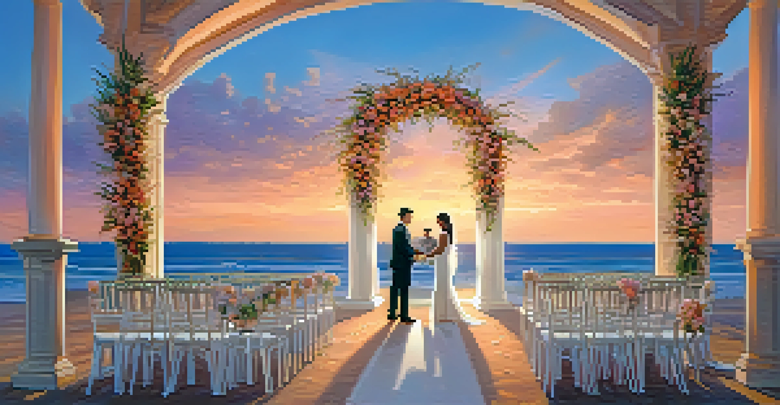 A couple exchanging vows during a sunset wedding ceremony on the beach, surrounded by family and friends.